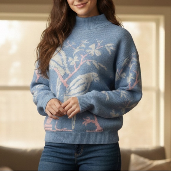 Vintage Sweaters - Vtg 80s Light Blue Bird Cherry Blossom Metallic Shimmer Knit Sweater Pastel L/M